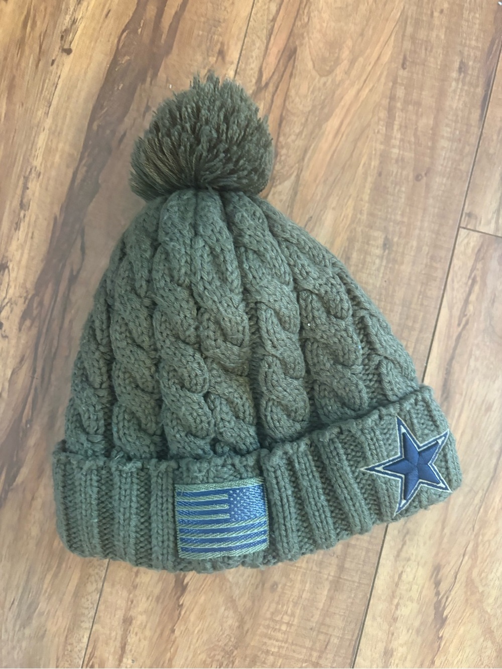 New Era Olive Green Cable Knit Pom Beanie with Star & Flag Patches